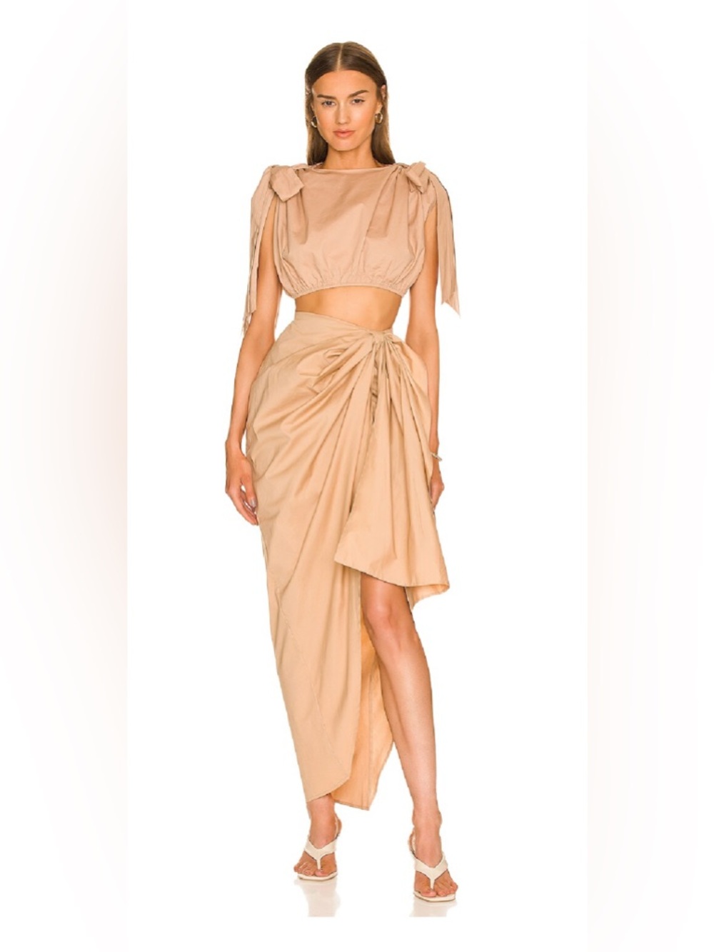 Andrea Iyamah Beige Cropped Top with Ruched Shoulders